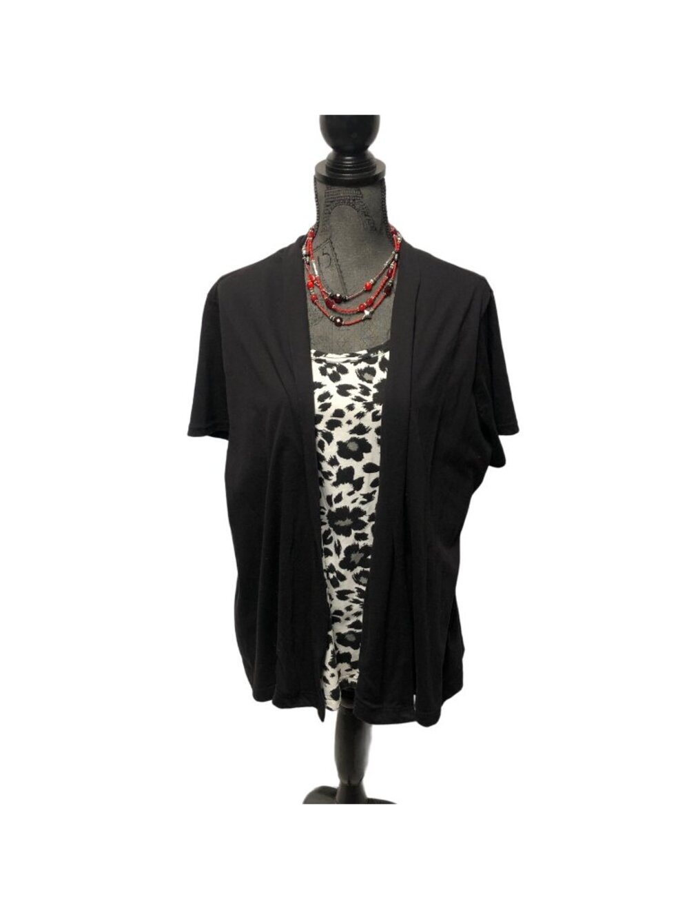 Basic Editions Black Cardigan Animal Print Top Womens Size 1X Two Piece Look